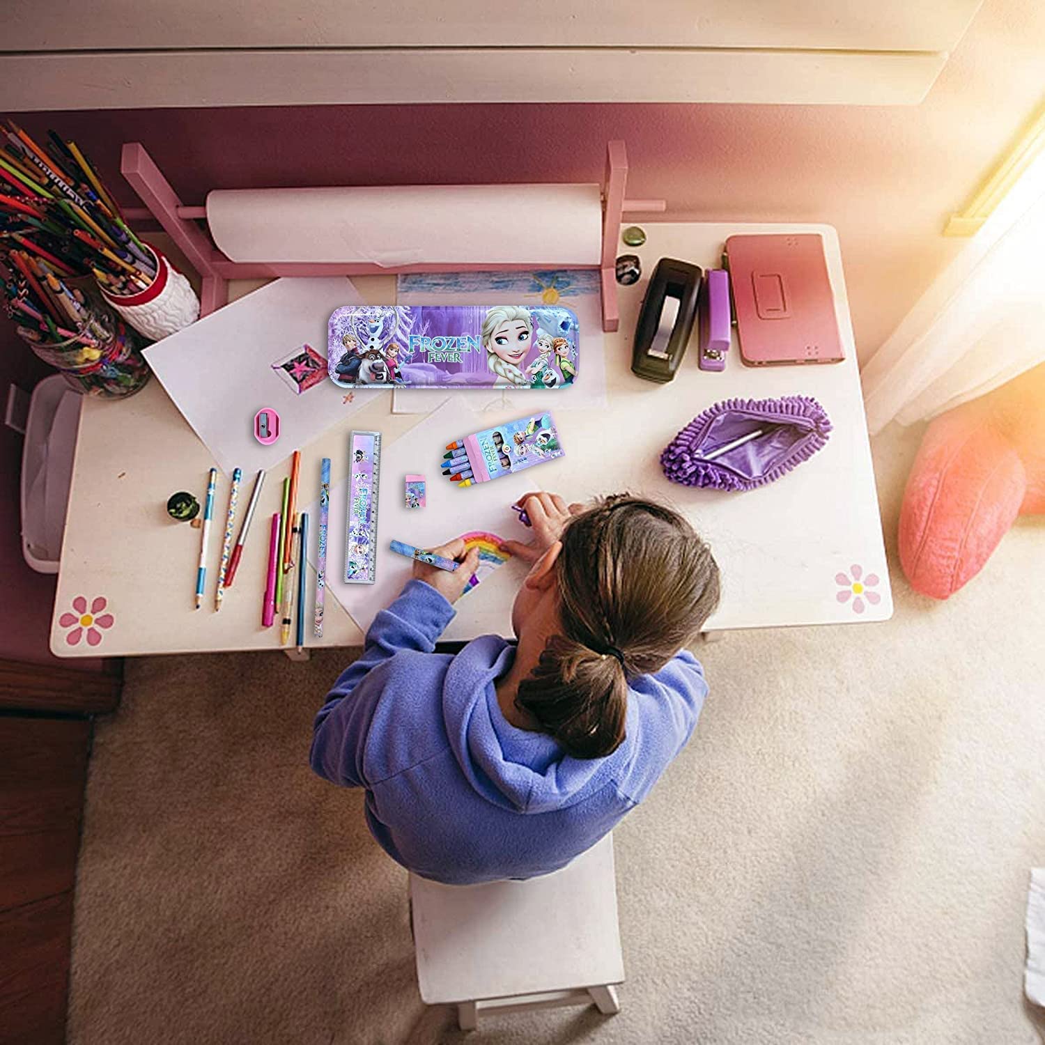 Multicolor Frozen Fever school supply kit for children, featuring Elsa and Anna on pencils, pencil case, sharpener, eraser, ruler, and crayons. Complete stationery set for young fans. www.usmile.toys